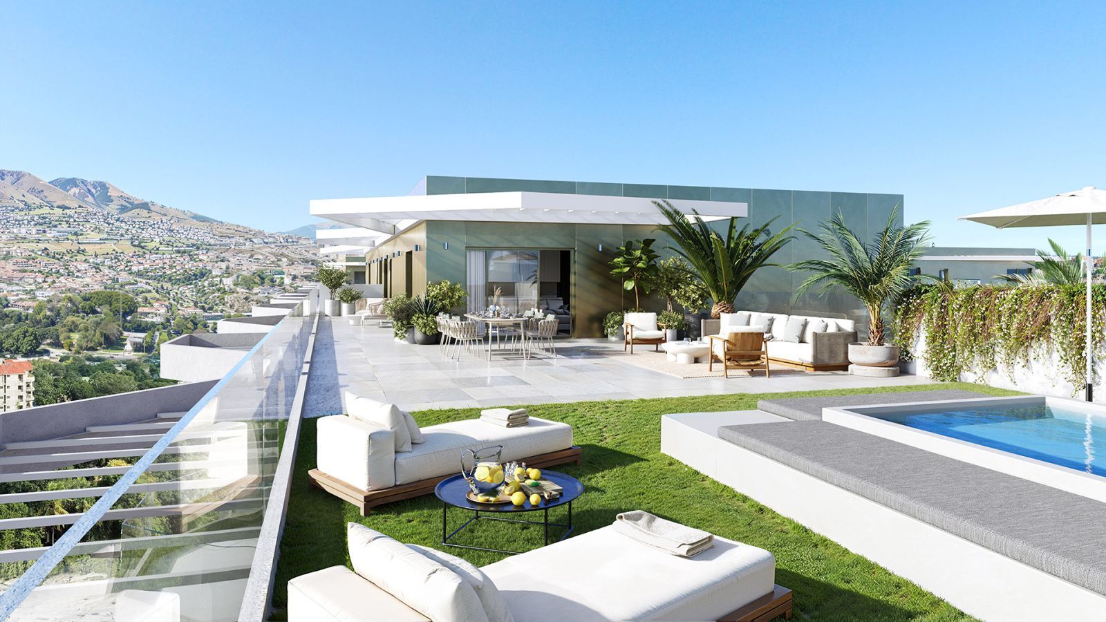 Modern rooftop terrace with pool, lounge chairs, and city view.