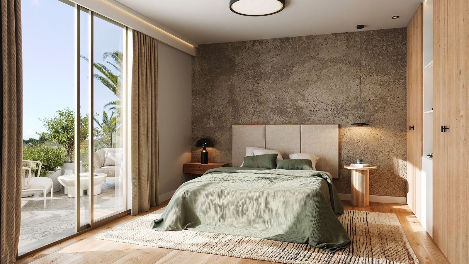 Modern bedroom with large windows, green bedspread, and outdoor view.