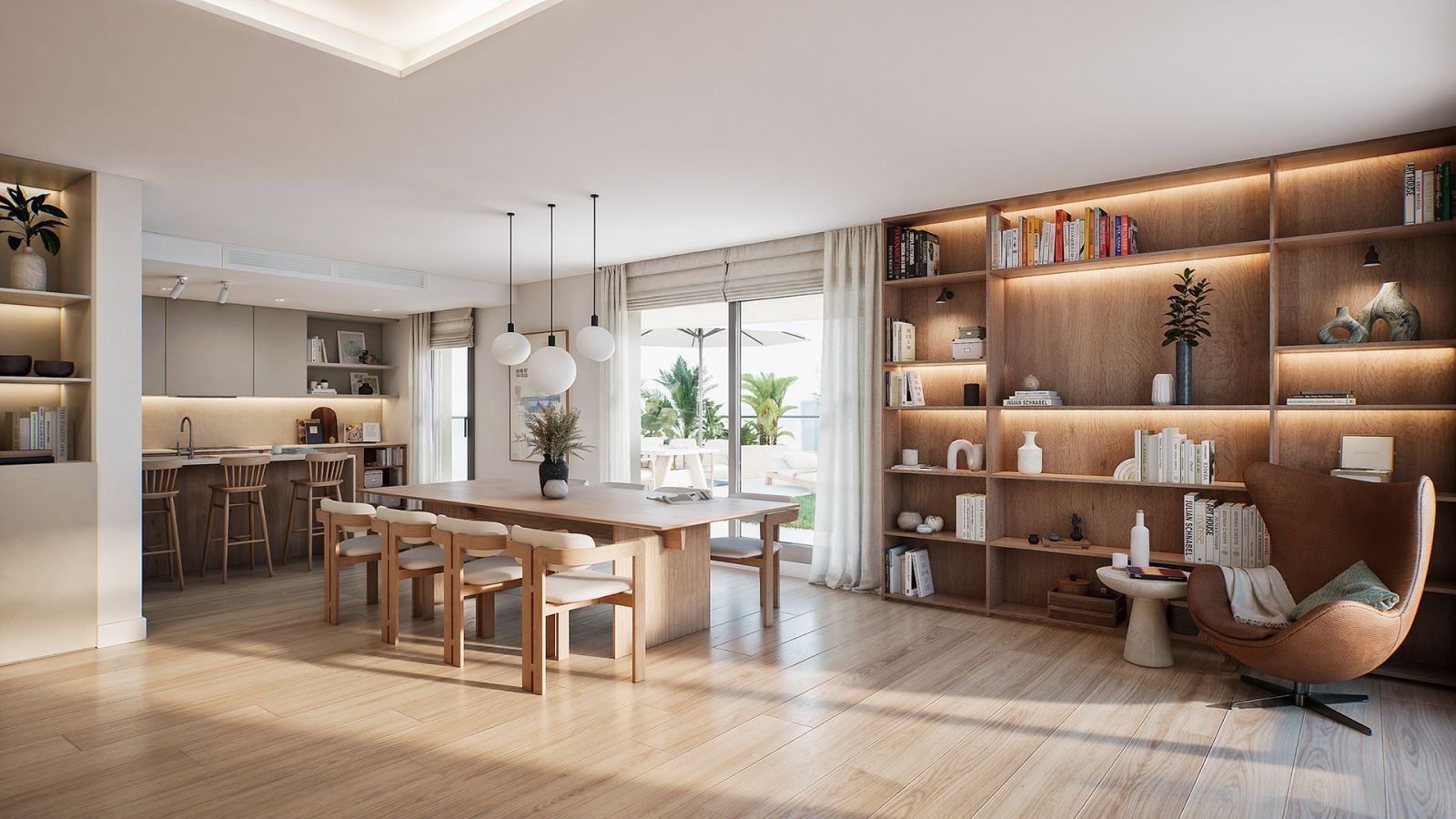 Modern open-plan living room with large windows, dining table, and bookshelves.