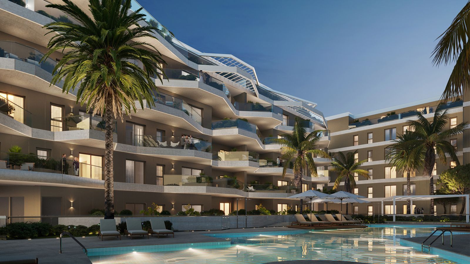 Modern apartment with balcony, pool view, outdoor lounge, and palm trees.