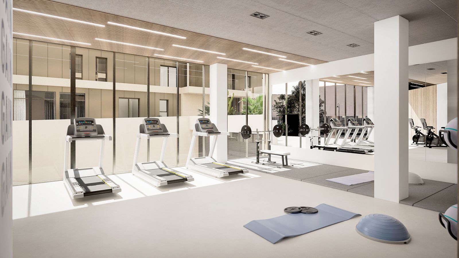 Modern gym with treadmills, weights, and large windows offering a view of the building.